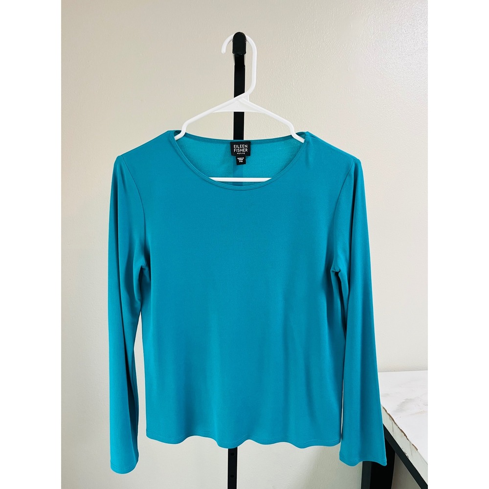Eileen Fisher Top Teal Blue PS Silk Long Sleeve Petite Crew Neck Minimalist
